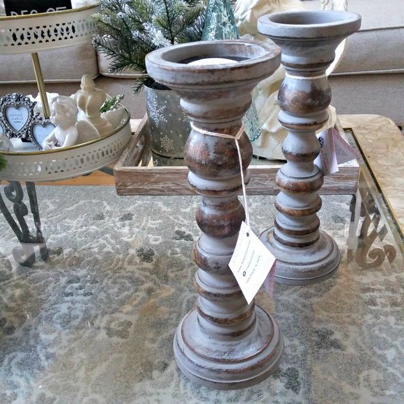Global Artisans Initiative Other - NEW! RUSTIC Distressed SOLID Wood CANDLE HOLDERS